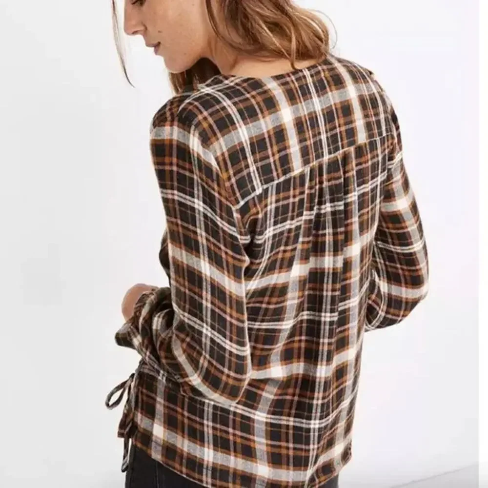 Madewell Plaid Crinkle Gauze Side Tie Wrap Puff Sleeve Top Brown Black XS